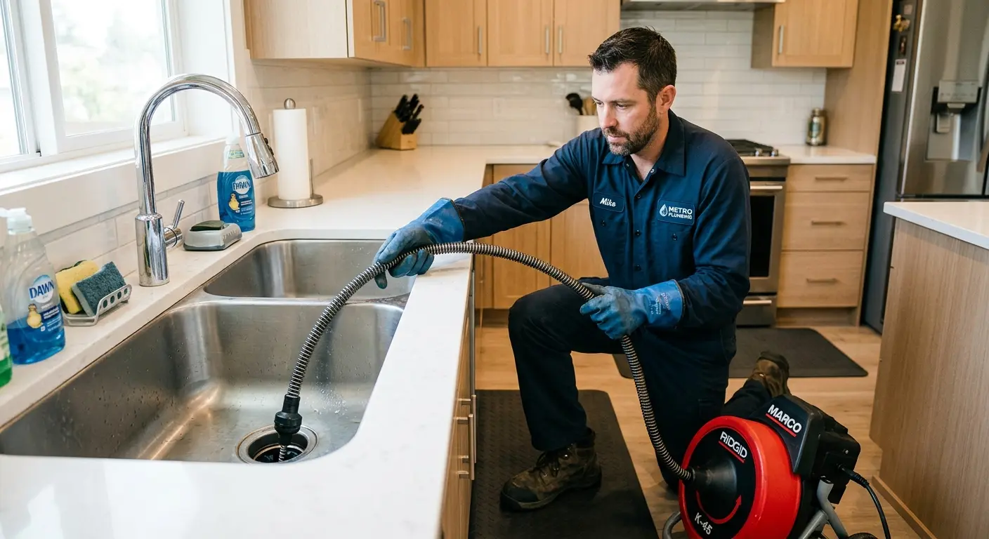 Drain cleaning technician using a motorized snake on a kitchen sink in Willington