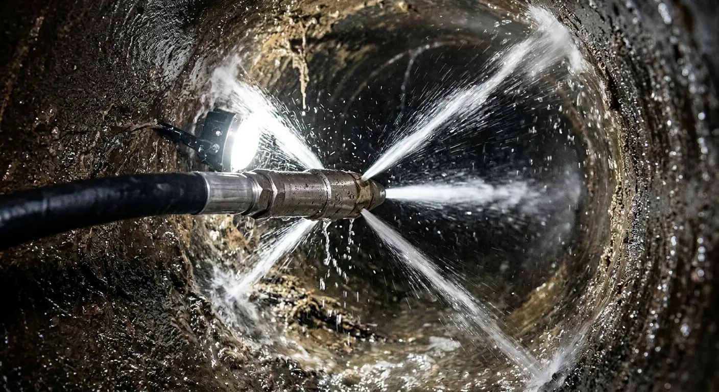 High-pressure hydro jetting nozzle cleaning sewer pipe for Trenchless Sewer Repair in Willington