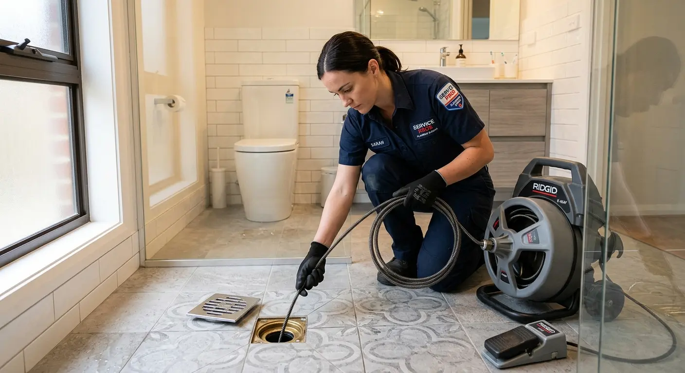 Technician clearing a bathroom floor drain for Drain Repair in Willington